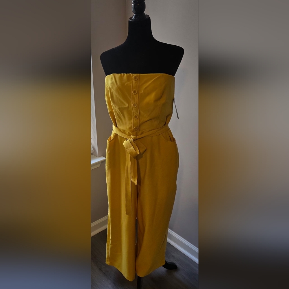New York & Company Mustard Button-Up Jumpsuit with Belt